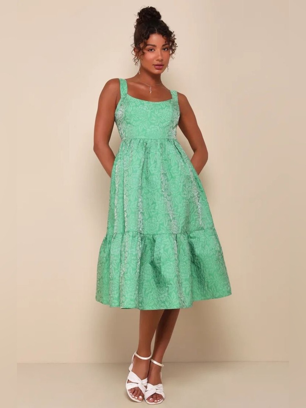 NWOT Lulus Spanish Getaway Green Floral Lace-Up Midi Dress Large